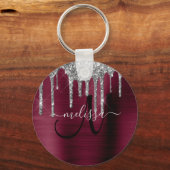 Girly bordeaux zilver druppelen glitter metallic sleutelhanger (Achterkant)