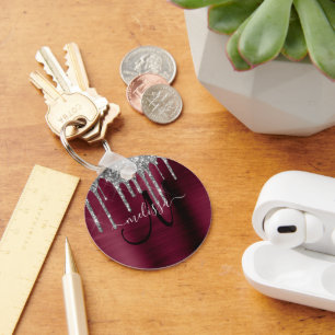 Girly bordeaux zilver druppelen glitter metallic sleutelhanger