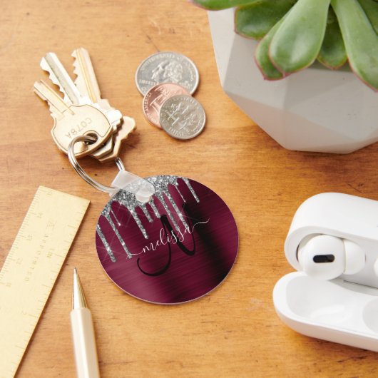 Girly bordeaux zilver druppelen glitter metallic sleutelhanger (Bureau)