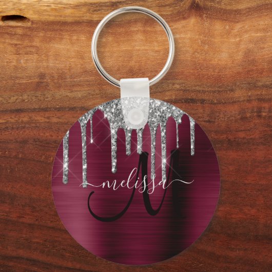 Girly bordeaux zilver druppelen glitter metallic sleutelhanger (Voorkant)