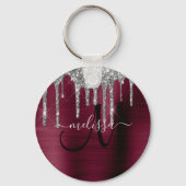 Girly bordeaux zilver druppelen glitter metallic sleutelhanger (Achterkant)