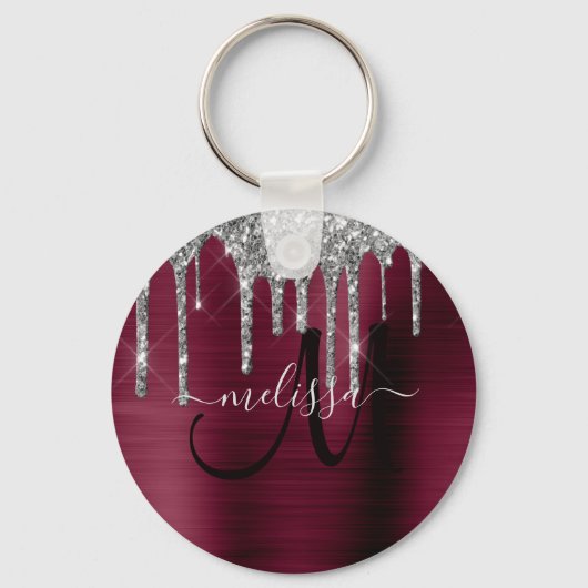Girly bordeaux zilver druppelen glitter metallic sleutelhanger (Achterkant)