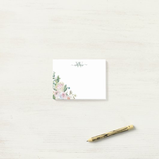 Girly Botanical Monogram Pink Floral Post-It Notes (Op bureau)