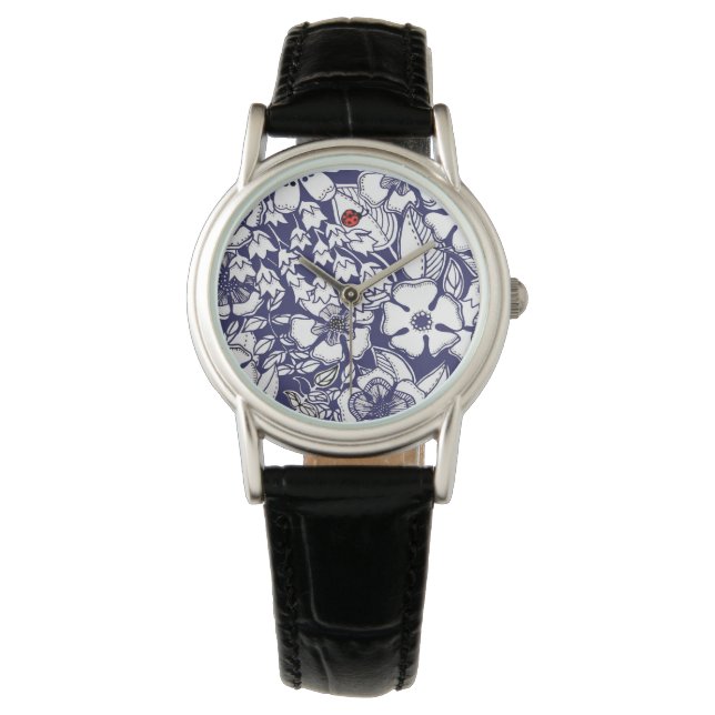 Girly Botanical Shalom Blue White Garden Drawing Horloge (Voorkant)