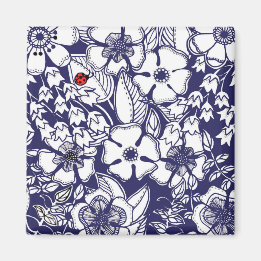Girly Botanical Shalom Blue White Garden Drawing Magneet