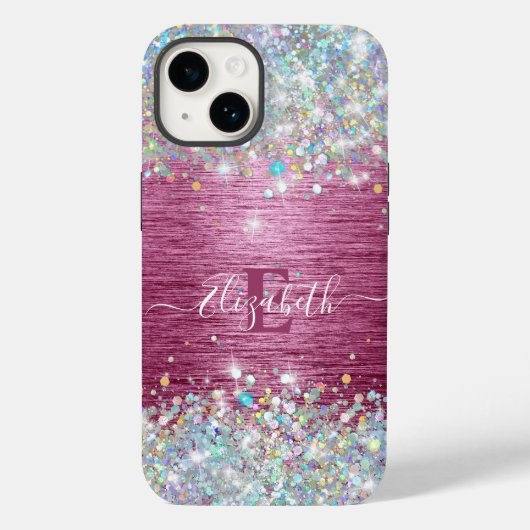 Girly Bourgogne Holographic Faux Glitter Monogram Case-Mate iPhone Case (Achterkant)