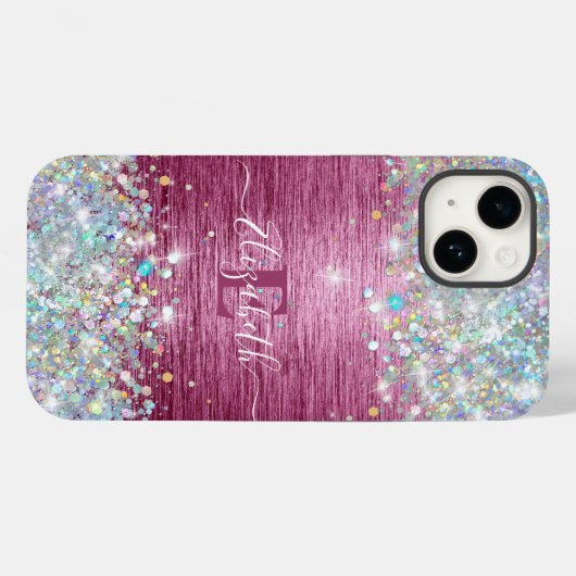 Girly Bourgogne Holographic Faux Glitter Monogram Case-Mate iPhone Case (Achterkant (horizontaal))