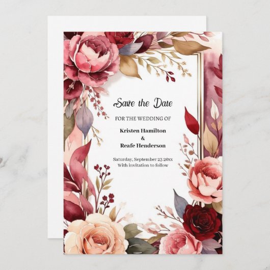 Girly Bourgondische kalligrafie Save The Date (Voorkant / Achterkant)