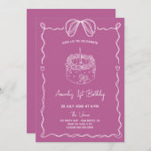 Girly Bow Cake Eerste Verjaardag Uitnodiging (Voorkant / Achterkant)