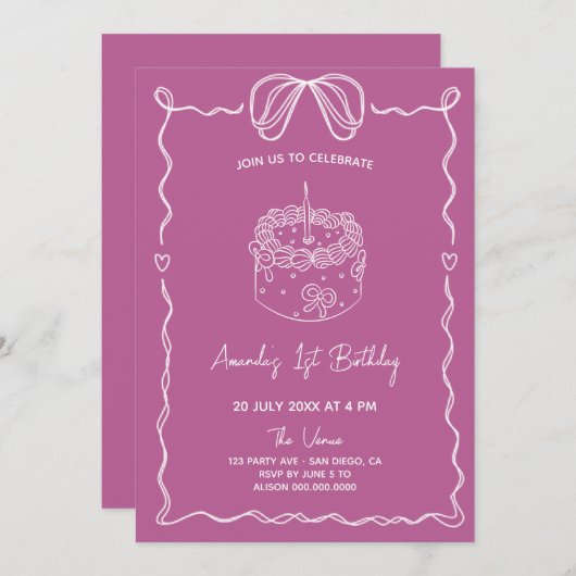 Girly Bow Cake Eerste Verjaardag Uitnodiging (Voorkant / Achterkant)