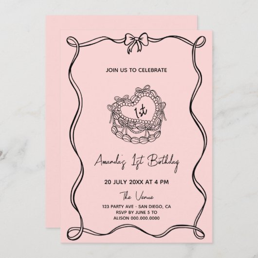 Girly Bow eerste verjaardag Kaart (Voorkant / Achterkant)