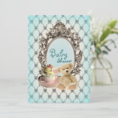 girly bows tedy beer babydoucheuitnodigingen kaart (Staand voorkant)