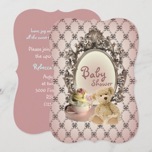 girly bows tedy beer babydoucheuitnodigingen kaart (Voorkant / Achterkant)