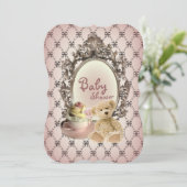 girly bows tedy beer babydoucheuitnodigingen kaart (Staand voorkant)