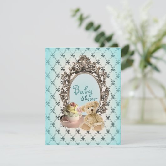 girly bows tedy beer babydoucheuitnodigingen kaart (Staand voorkant)