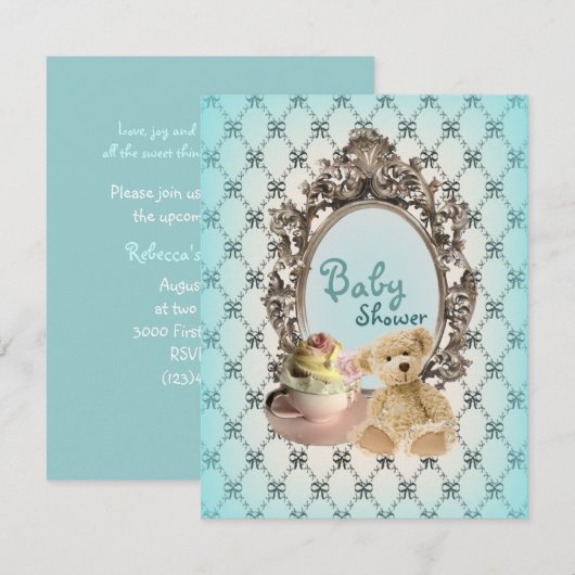 girly bows tedy beer babydoucheuitnodigingen kaart (Voorkant / Achterkant)