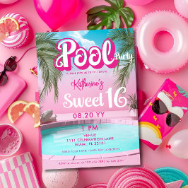 Girly Bright Hot Roze Pool Party Sweet 16 Zestien Kaart