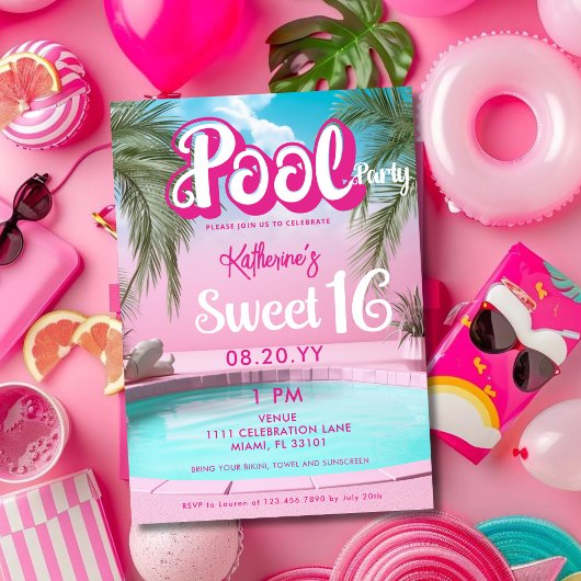 Girly Bright Hot Roze Pool Party Sweet 16 Zestien Kaart
