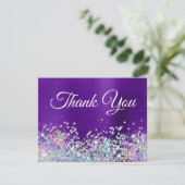 Girly Bright Indigo Paarse Folie Holo Glitter Bedankkaart (Staand voorkant)