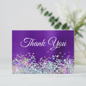 Girly Bright Paarse Indigo Folie Holo Glitter Bedankkaart (Staand voorkant)