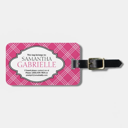 Girly Bright Pink Checker Pset Dames Bagagelabel (Voorkant horizontaal)