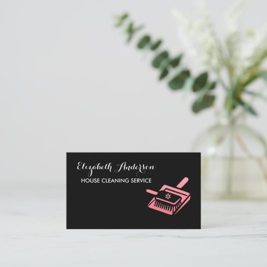 Girly Broom Roze en Zwarte Huis schoonmaakservice Visitekaartje (Staand voorkant)
