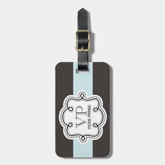 Girly Brown and Blue Pattern Doodle Monogram Bagagelabel (Voorkant verticaal)