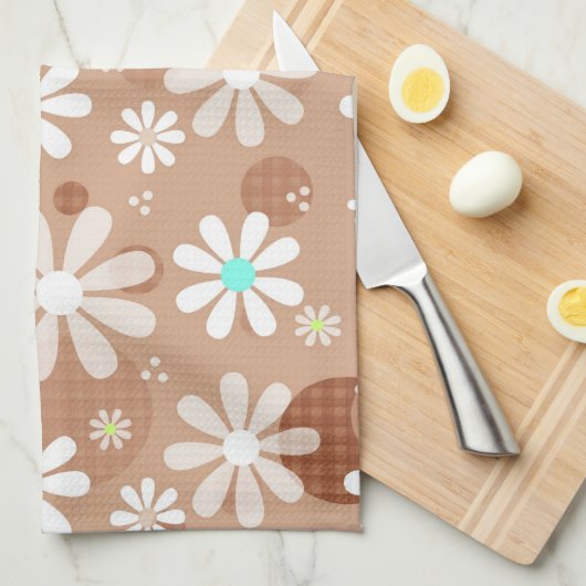 Girly Brown Daisy Flower Pattern Cute Aqua Stippen Theedoek (Quarter Fold)