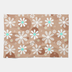 Girly Brown Daisy Flower Pattern Cute Aqua Stippen Theedoek