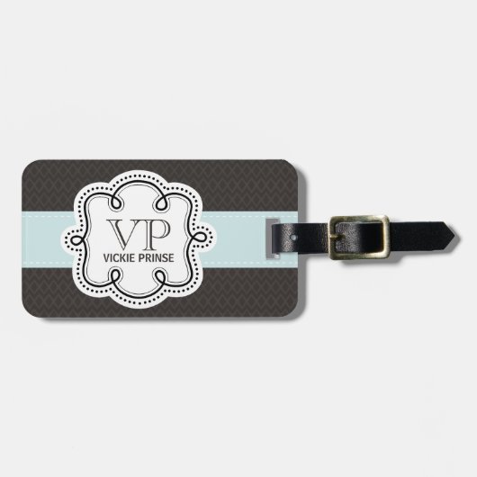 Girly Bruin en Blauw Patroon Doodle Monogram Bagagelabel (Voorkant horizontaal)