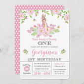 Girly Bunny 1e Verjaardagsfeest Roze Tuin Bloemen Kaart (Voorkant / Achterkant)