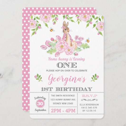 Girly Bunny 1e Verjaardagsfeest Roze Tuin Bloemen Kaart (Voorkant / Achterkant)