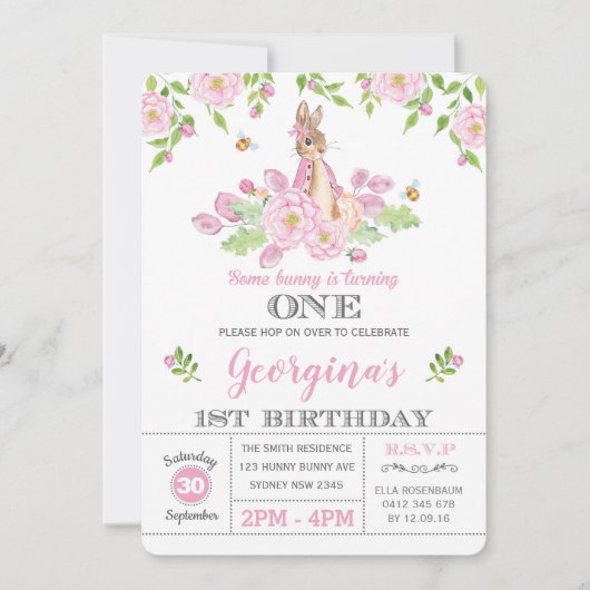 Girly Bunny 1e Verjaardagsfeest Roze Tuin Bloemen Kaart (Voorkant)