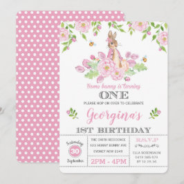Girly Bunny 1e Verjaardagsfeest Roze Tuin Bloemen Kaart