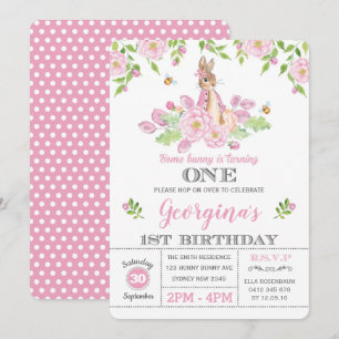 Girly Bunny 1e Verjaardagsfeest Roze Tuin Bloemen Kaart