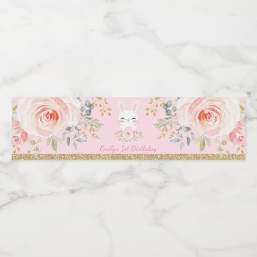 Girly Bunny Konijn Roze Goud Bloemen Verjaardagsgu Waterfles Etiket (Enkel label)