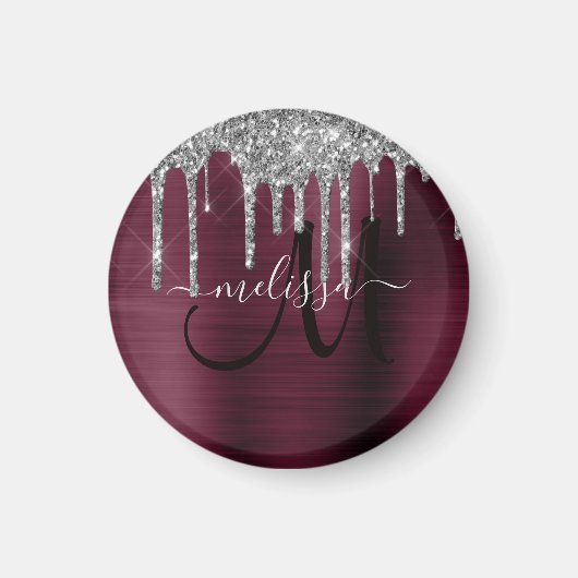 Girly Burgundy Driving Glitter Brush Metal Name Magneet (Voorkant)
