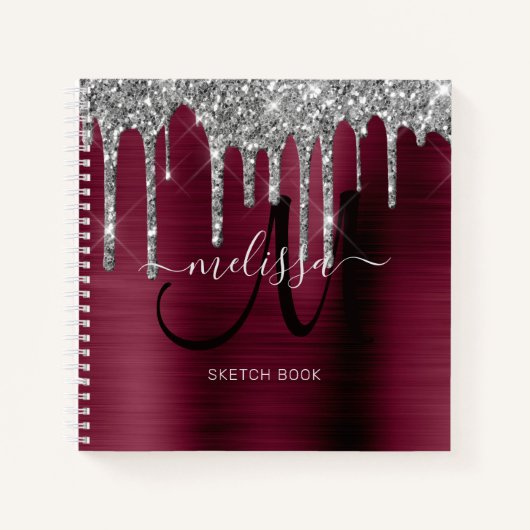 Girly Burgundy Driving Glitter Brush Metal Name Notitieboek (Voorkant)