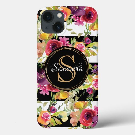 Girly Burgundy Floral Pattern Stripe Monogram Case-Mate iPhone Case (Achterkant)