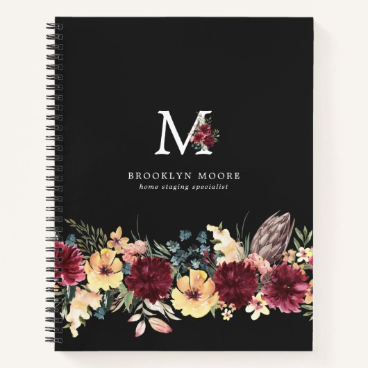 Girly Burgundy Floral Waterverf Boho Monogram Notitieboek (Voorkant)