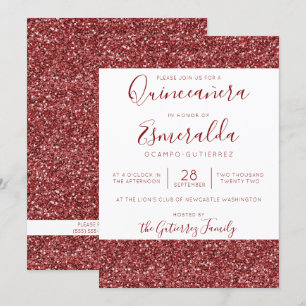 Girly Burgundy Glitter Sparkle Quinceanera Kaart