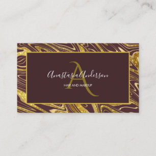 Girly Burgundy Gold Marble Glitter Glam Monogram Visitekaartje