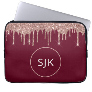 Girly Burgundy Roos Gold Glitter Drips Monogramed Laptop Sleeve