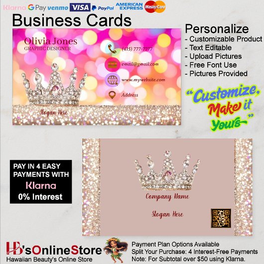 Girly Business Trendy Glitter Elegant Crown QRCode Visitekaartje