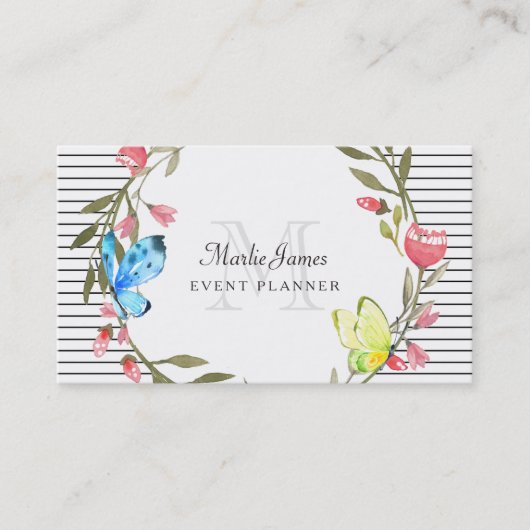 Girly Butterfly Floral en Stripes Event Planner Visitekaartje (Voorkant)