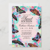 Girly Butterfly Flowers verlaat Waterverf Sweet 16 Kaart (Voorkant)