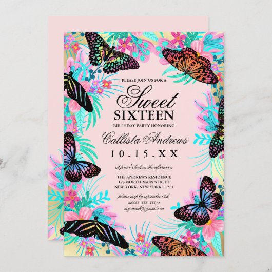 Girly Butterfly Flowers verlaat Waterverf Sweet 16 Kaart (Voorkant / Achterkant)