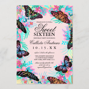 Girly Butterfly Flowers verlaat Waterverf Sweet 16 Kaart