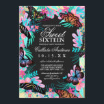 Girly Butterfly Flowers verlaat Waterverf Sweet 16 Kaart<br><div class="desc">Deze elegante en girly zoete zestien verjaardagsfeestje uitnodiging is perfect voor de 16e verjaardag van uw dochter. Het beschikt over moderne en kunstzinnige zwarte en levendige kleurrijke vlinders op de top van handgeschilderde waterverf en bladeren en een dikke gouden rand met zwarte kleur blokachtergrond. Het kleurenschema omvat; roze, blauw, geel,...</div>