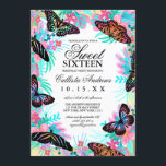 Girly Butterfly Flowers verlaat Waterverf Sweet 16 Kaart<br><div class="desc">Deze elegante en girly zoete zestien verjaardagsfeestje uitnodiging is perfect voor de 16e verjaardag van uw dochter. Het beschikt over moderne en kunstzinnige zwarte en levendige kleurrijke vlinders op de top van handgeschilderde waterverf en bladeren en een dikke gouden rand met witte achtergrond van het kleurblok. Het kleurenschema omvat; roze,...</div>